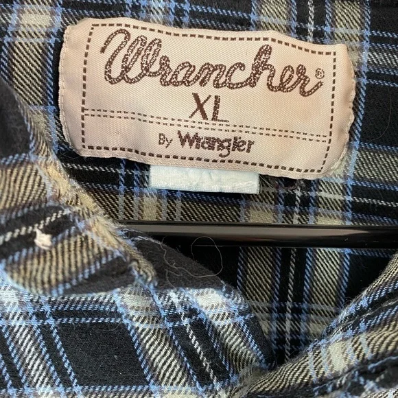 Wrangler Wrancher Vintage Blue Plaid Flannel Shirt w/ Pearl Snap Buttons size XL - Picture 7 of 10